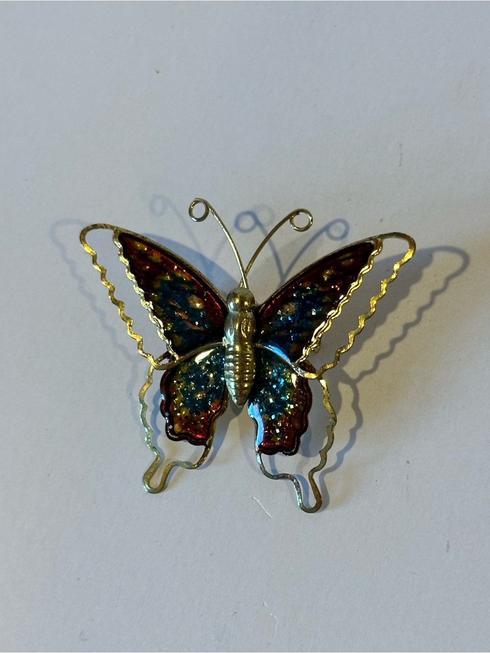 Vintage Butterfly Multicolor Enamel Cloisonne Brooch Pin in Gold